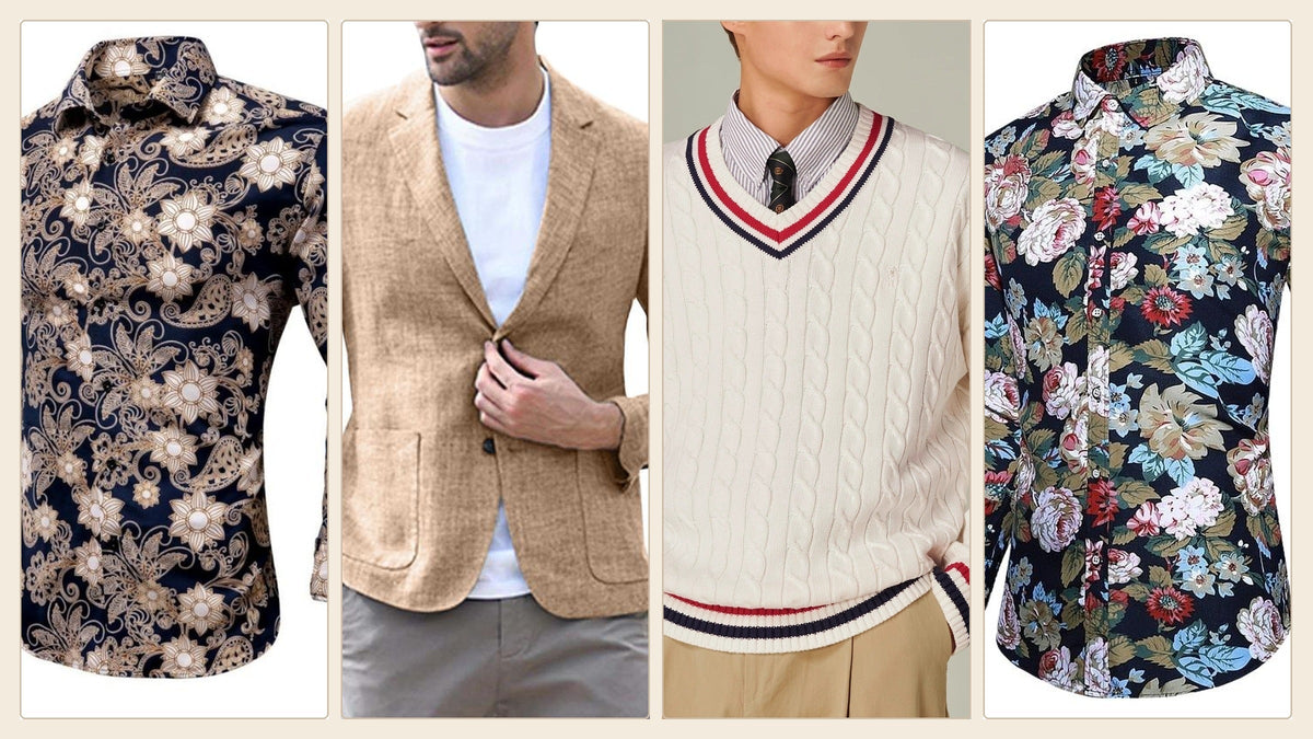 Blazer beige, chemise à motifs, pull clair et veste à carreaux pour illustrer le style des Beatles Image
