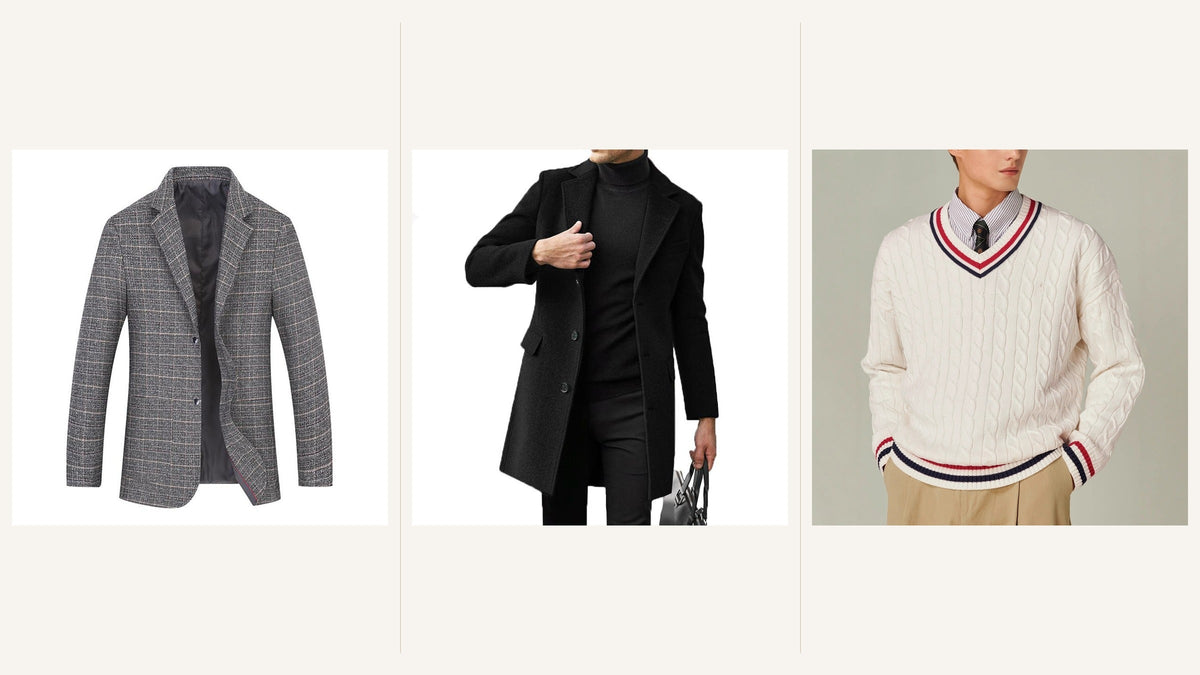 Blazer gris à carreaux, manteau noir à revers et pull blanc à col en V pour une silhouette inspirée de Cary Grant Image