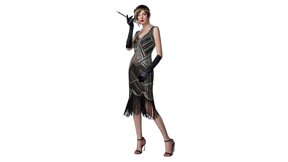 Robe de soirée sombre aux lignes graphiques pour illustrer le style théâtral de Mae West Image