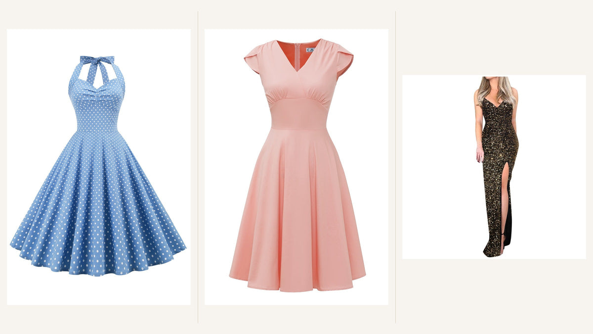 Trois robes rétro bleue à pois, rose évasée et noire dorée pour adapter les proportions et le glamour de Marilyn Monroe Image