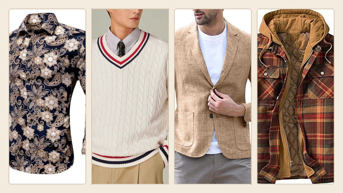 Chemise à motif, pull en V, blazer beige et veste à carreaux pour illustrer la mode homme des années 60 Image