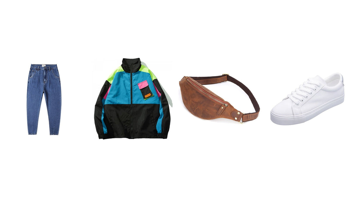 Quatre pièces d'un look années 90 sur fond blanc : coupe-vent color block, mom jean taille haute, sac banane en cuir et basket blanche en toile Image