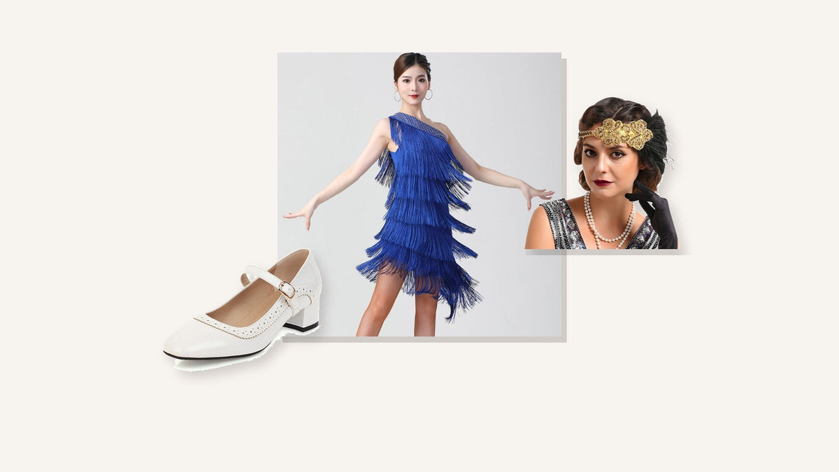 Tenue Charleston pour danser : robe bleue à franges, chaussure blanche à petit talon et bandeau doré Image