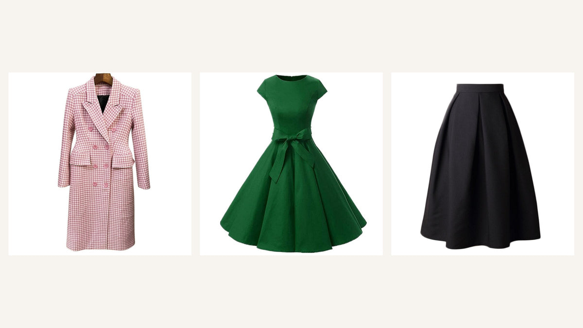 Silhouette d’inspiration New Look : veste structurée, robe verte à taille marquée et jupe noire évasée Image