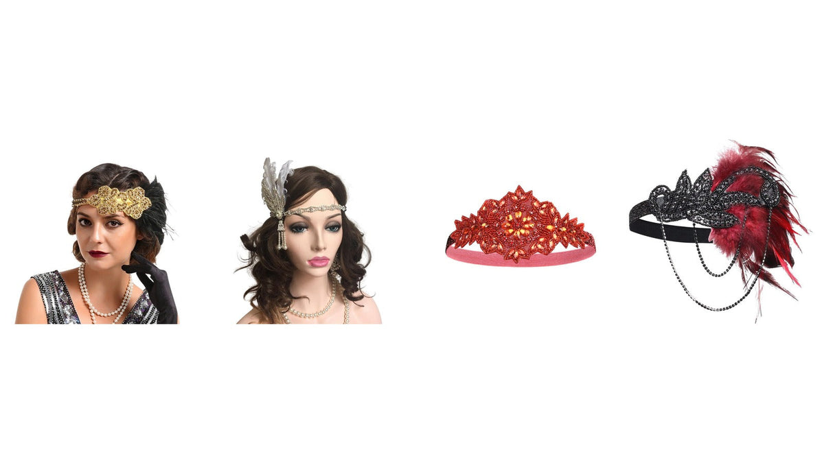 Quatre bandeaux charleston pour accompagner une robe longue : doré à plume noire, argenté à perles, rouge à strass et noir à plume bordeaux