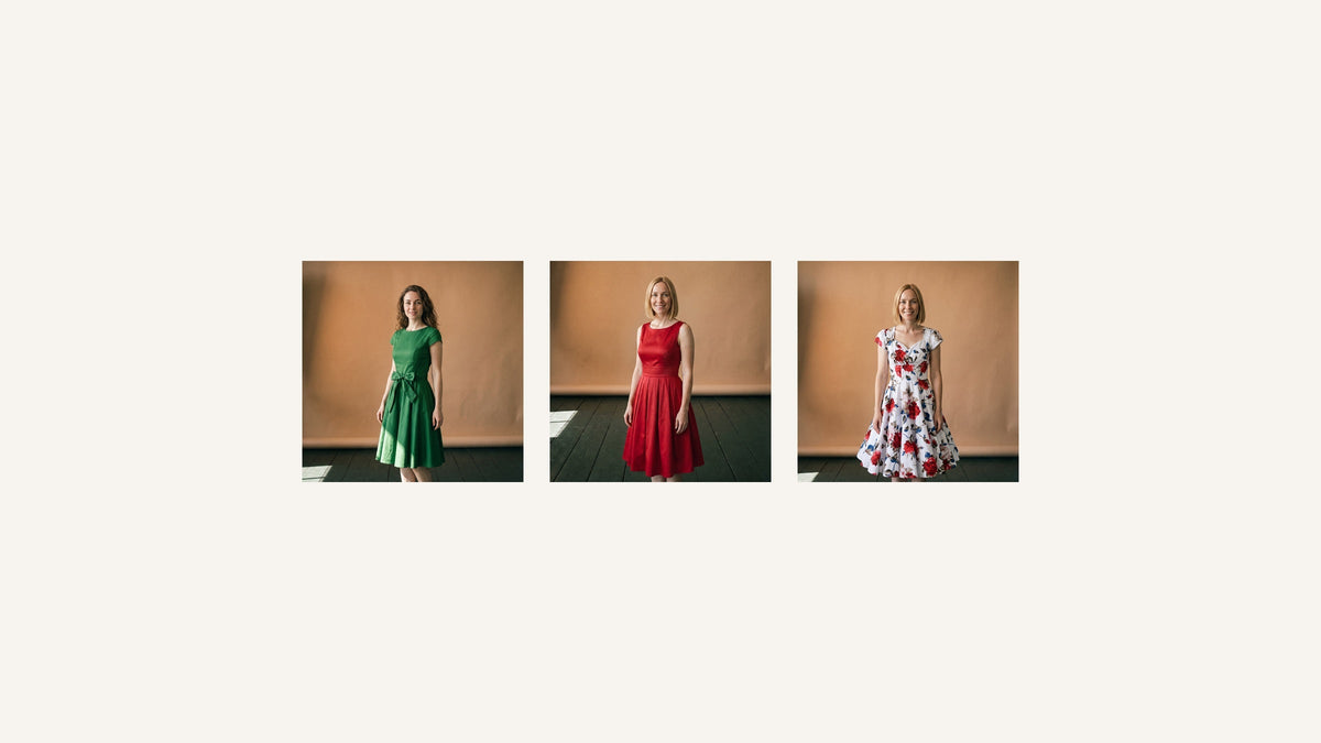 Trois robes d’inspiration années 50, verte, rouge et fleurie, présentées en studio