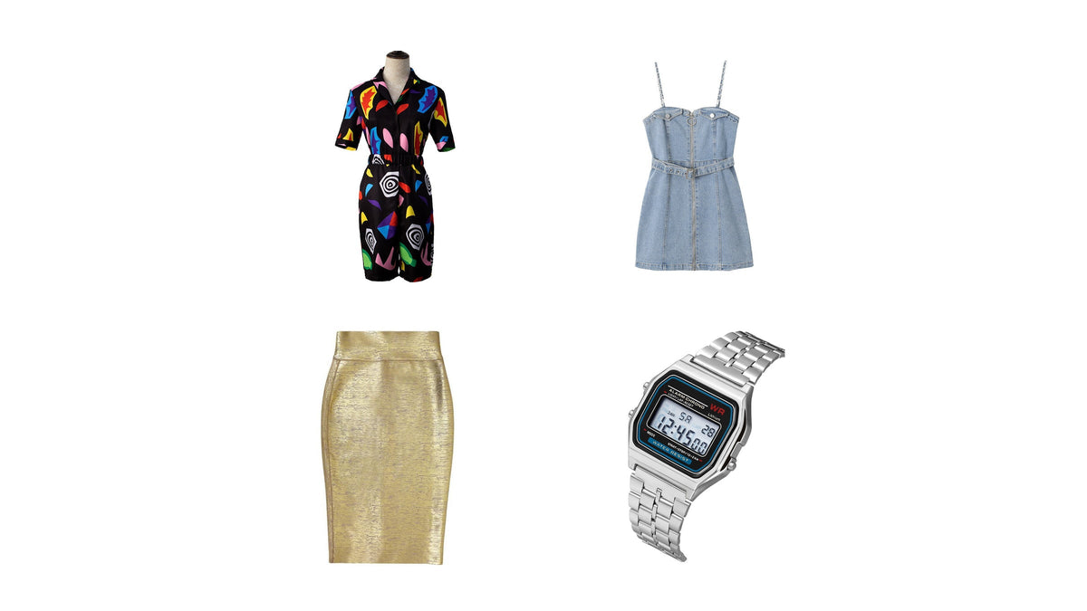 Mode féminine des années 80 : combinaison graphique, robe en jean, jupe dorée et montre numérique Image