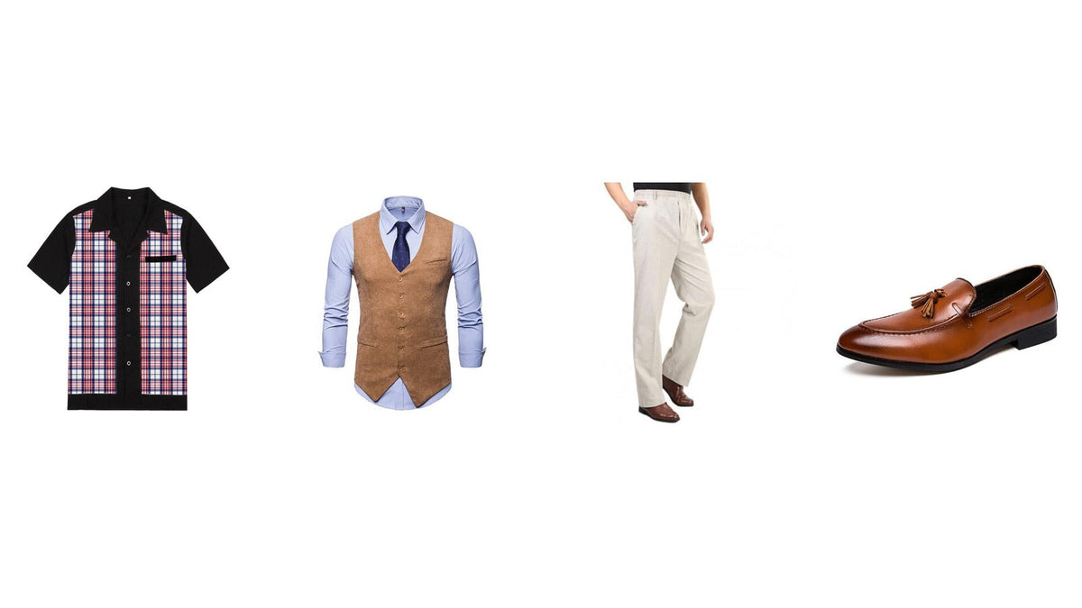 Quatre pièces du vestiaire masculin des années 50 : chemise de bowling à panneau écossais, gilet de costume camel, pantalon à pinces écru, mocassin en cuir fauve