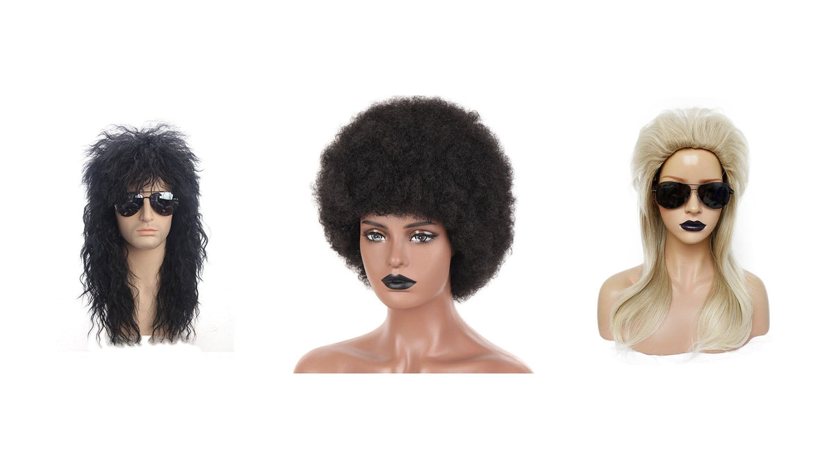 Trois volumes de coiffure années 80 sur fond blanc : crinière noire crantée, afro rond brun, chevelure blonde à racines soulevées