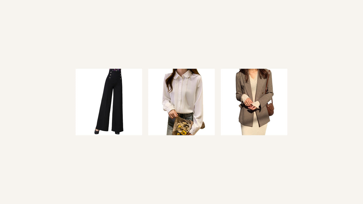 Montage de trois pièces : pantalon noir ample, chemise blanche et blazer à carreaux Image