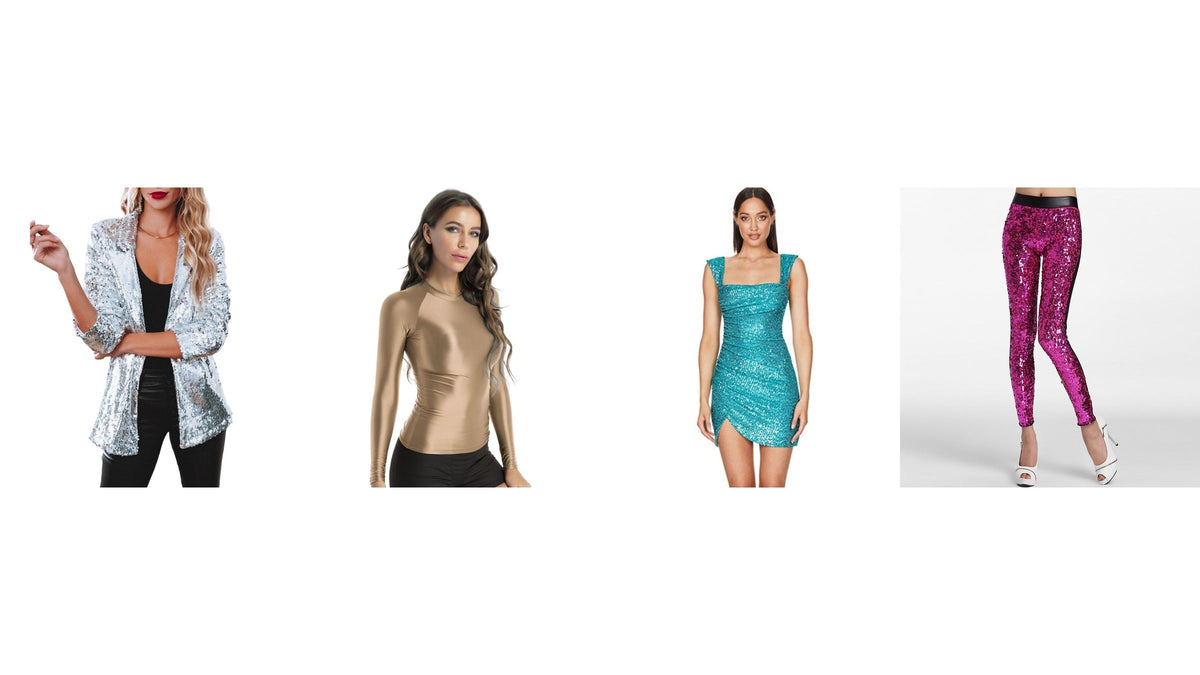 Quatre pièces lumineuses pour un look disco : veste argentée, haut doré, robe turquoise et pantalon rose à paillettes Image