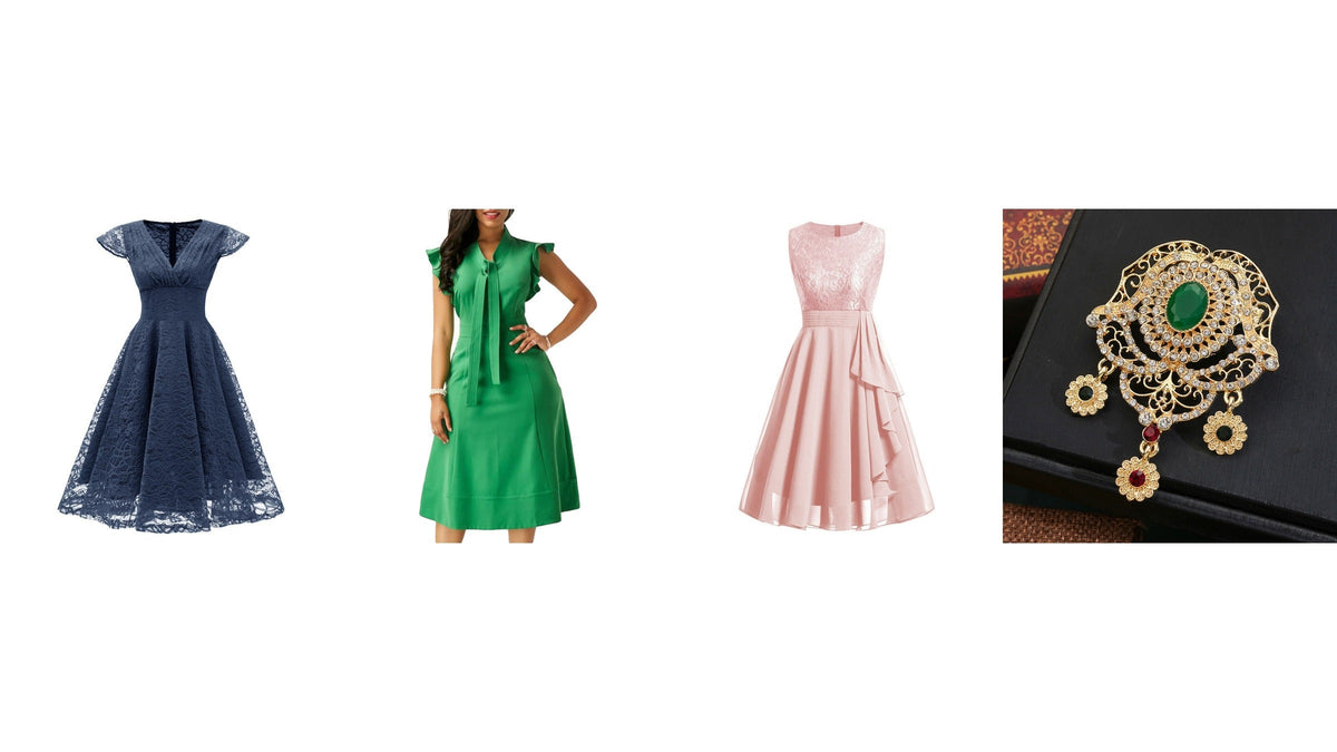 Trois robes de cérémonie bleue, verte et rose avec une broche ornée, pour composer une tenue de mariage à 60 ans