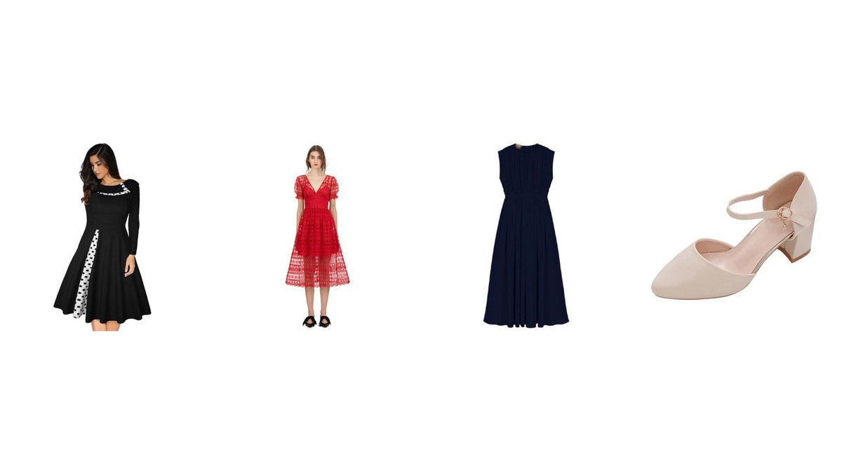 Trois robes de cérémonie et une chaussure à talon bas : robe noire à manches longues, robe midi en dentelle rouge, robe longue bleu marine, escarpin beige à bride Image