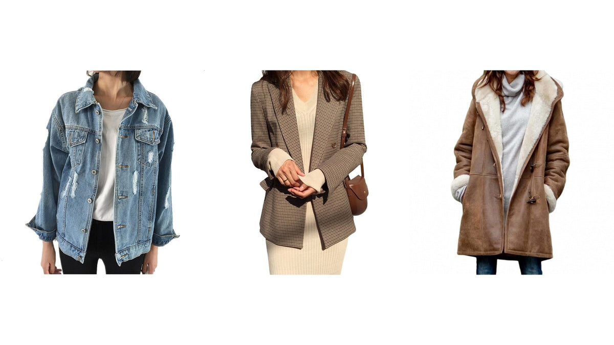 Trois vestes d’inspiration rétro pour femme : jean délavé, blazer à carreaux et veste longue brune