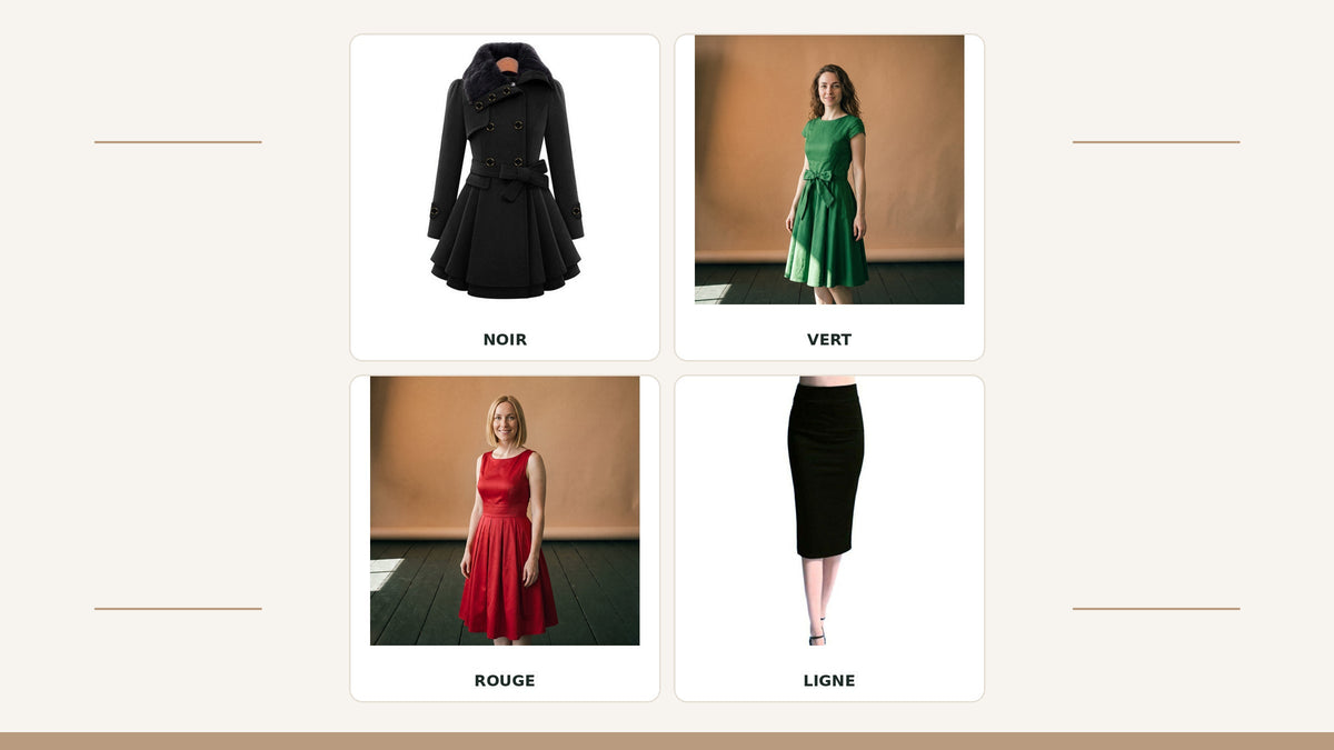 Quatre lignes graphiques inspirées du cinéma d’Alfred Hitchcock : manteau noir, robes verte et rouge, jupe crayon noire Image