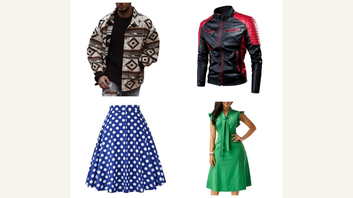 Quatre pièces du catalogue réunissant motif géométrique, rouge et noir, jupe bleue à pois blancs et robe verte pour traduire les codes visuels d’Andy Warhol Image