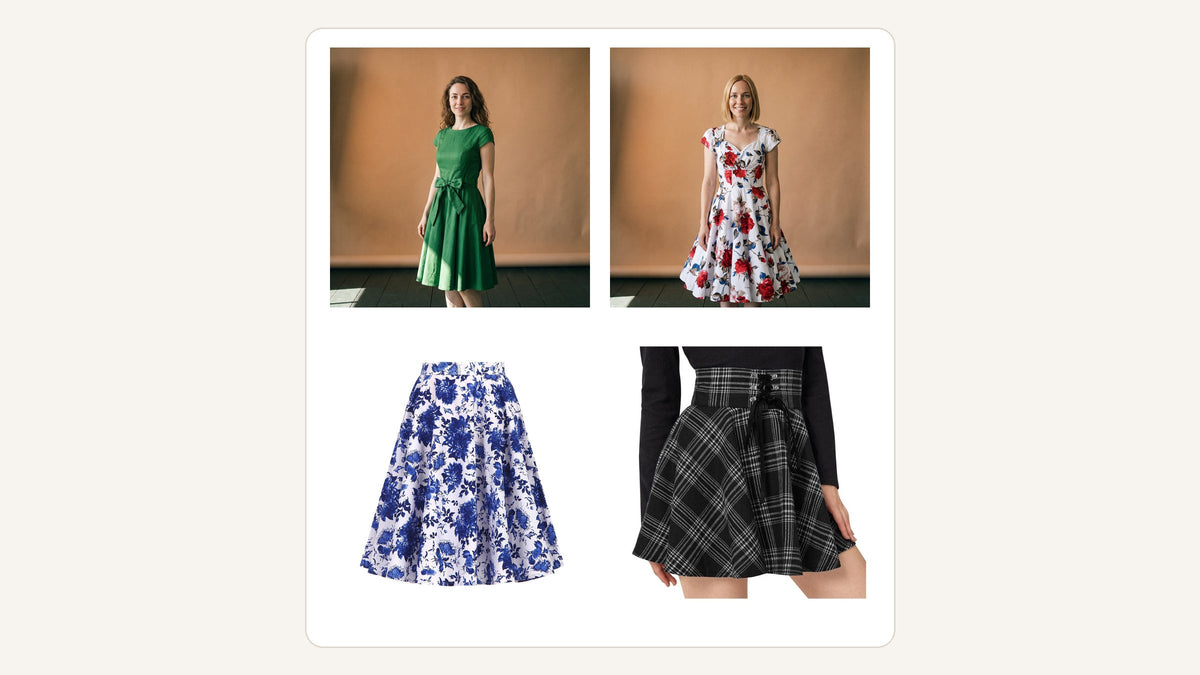 Quatre pièces du catalogue pour traduire le style de Rita Hayworth : deux robes et deux jupes à taille marquée Image