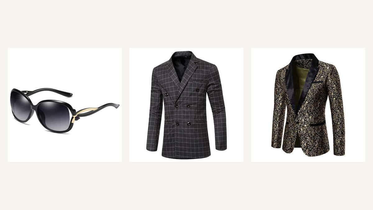 Lunettes noires, veste croisée à carreaux et blazer noir doré pour une tenue de scène rétro Image