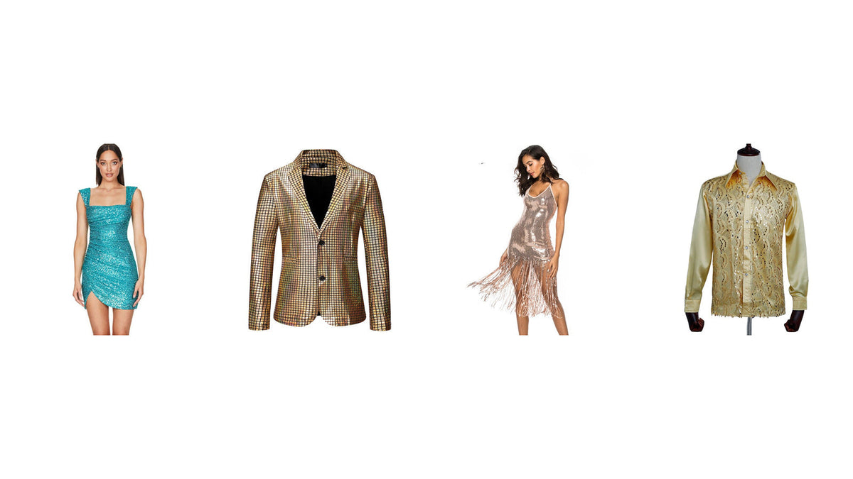 Tenues disco à paillettes pour femme et homme : robe turquoise, veste dorée, robe à franges et chemise brillante Image