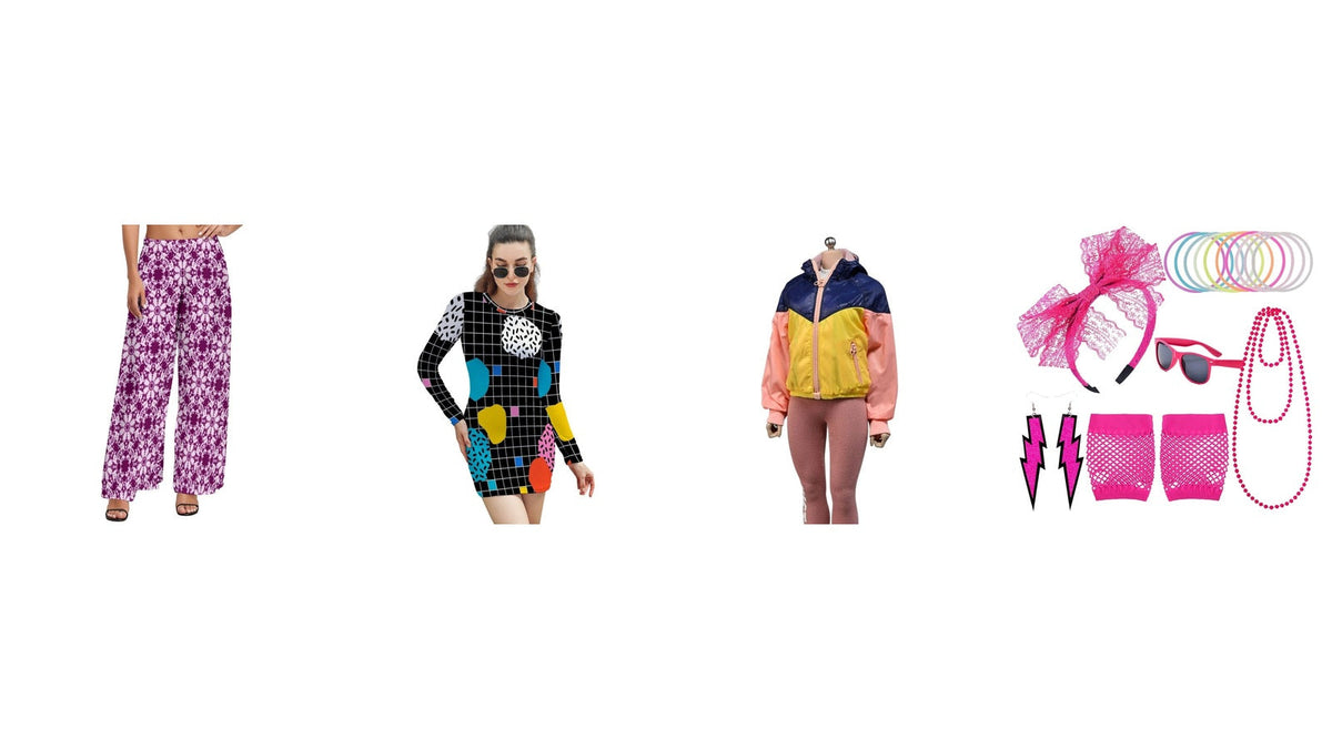 Style des années 80 : robe graphique, veste de sport colorée, pantalon à motif et accessoires pop