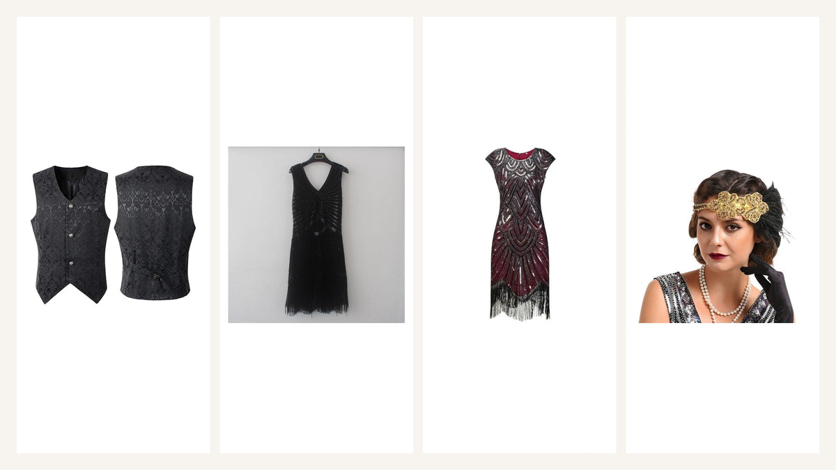 Tenues Gatsby avec gilet noir, robes à franges et bandeau doré