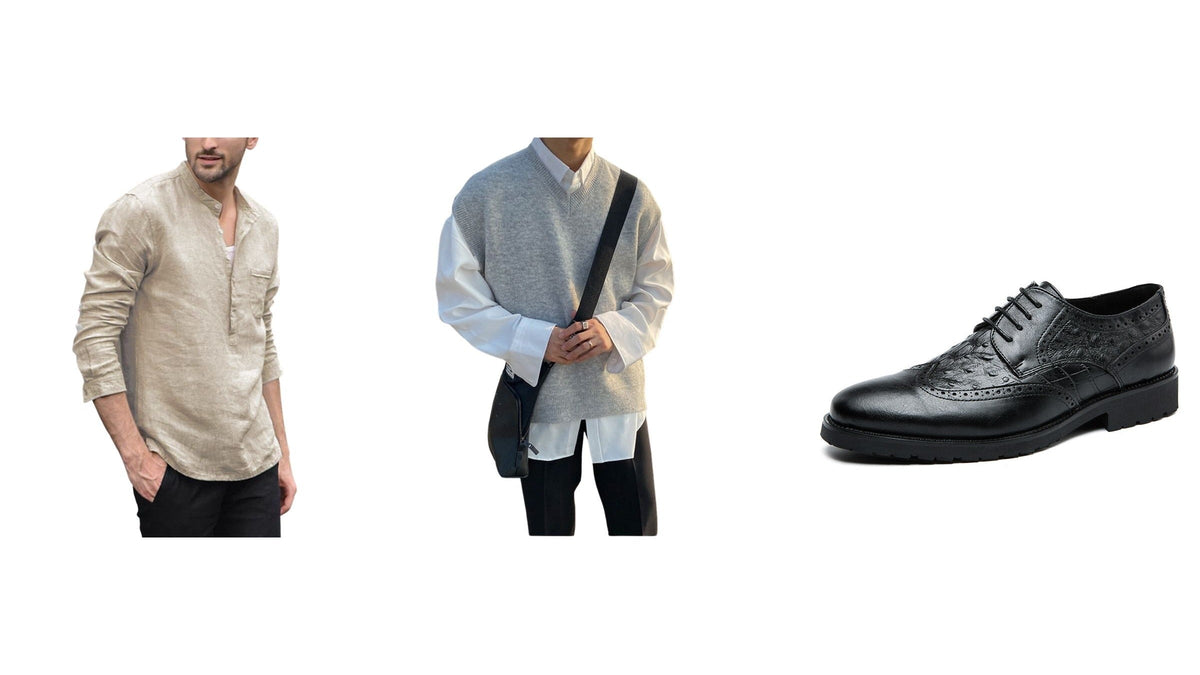 Tenue homme inspirée des années 40 avec chemise beige, pull sans manches gris et chaussure noire Image