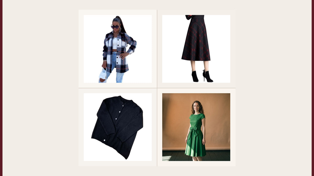 Quatre pièces du catalogue Mode Vintage : veste à carreaux, jupe écossaise, pull noir asymétrique et robe verte évasée Image