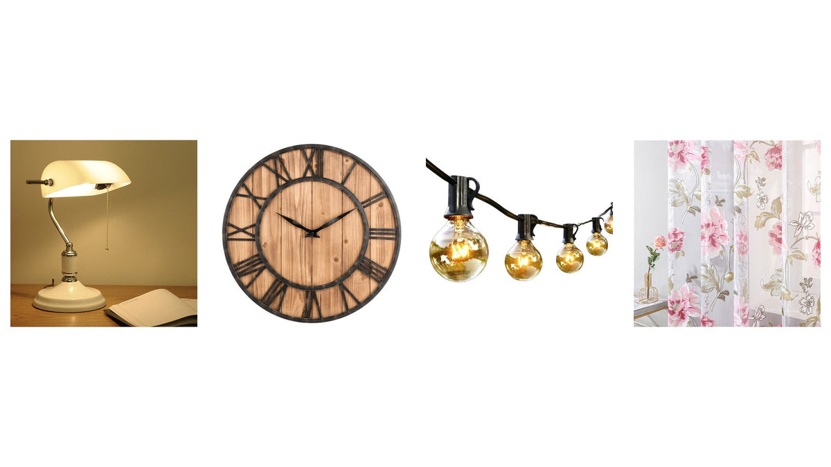 Cuisine vintage : lampe de bureau années 50, horloge murale en bois, guirlande d'ampoules et voilage fleuri Image