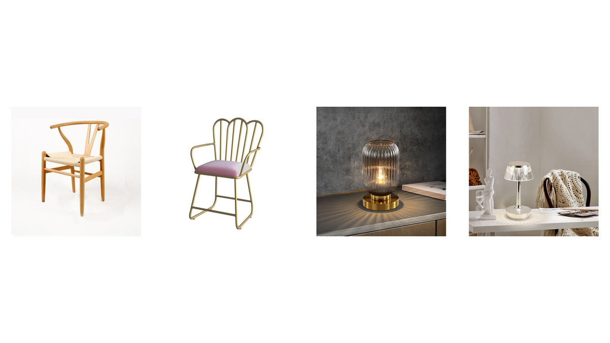 Changer la couleur d'un meuble sans le peindre : une chaise en bois clair, une chaise en velours rose et deux lampes à poser