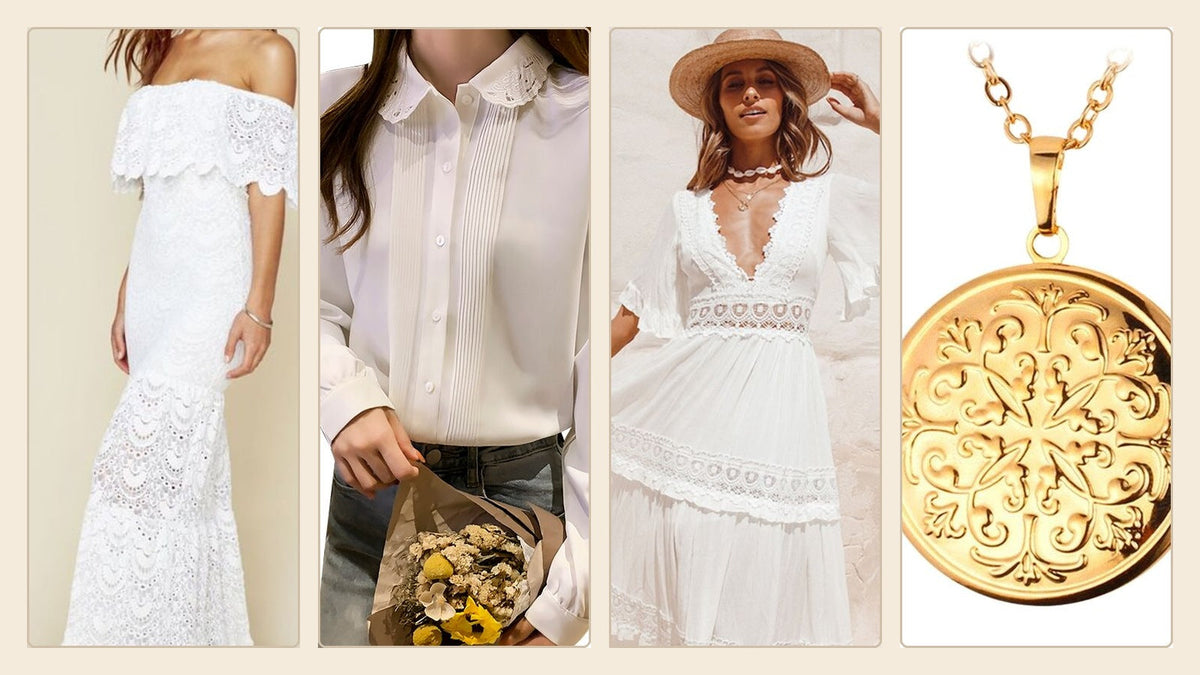Deux robes blanches, une chemise à dentelle et un médaillon doré inspirés de la Belle Époque Image