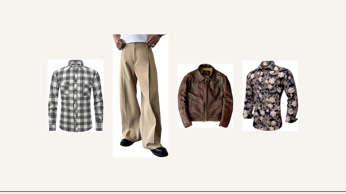 Codes du style Elvis : chemise à carreaux, pantalon ample, veste sombre et chemise à motifs Image