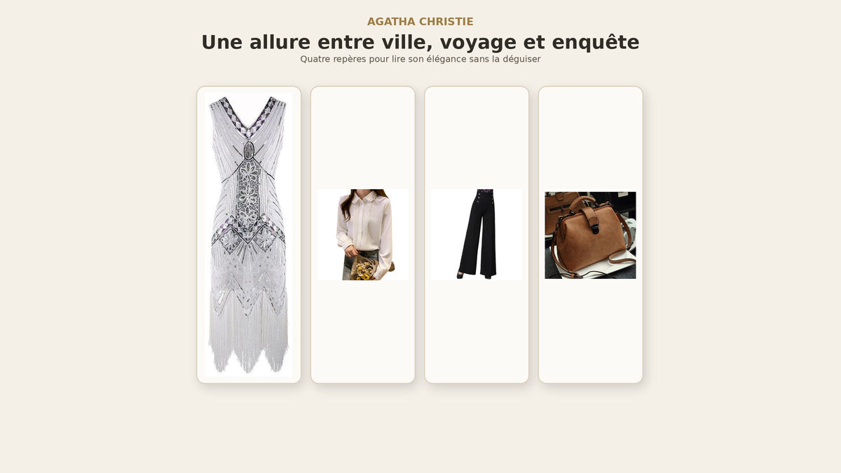 Tenues inspirées d’Agatha Christie : robe années 20, chemise claire, pantalon ample et sac structuré Image