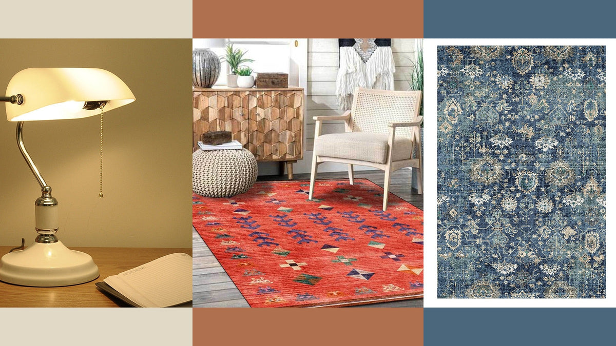 Meuble en bois et chaise sur tapis orange, entre une lampe crème et un tapis bleu pour comparer les palettes Image