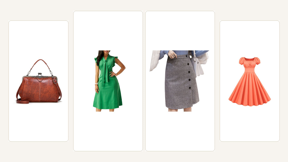 Tenue années 60 chic composée autour d’une robe verte, d’une jupe graphique, d’une robe orange et d’un sac rétro