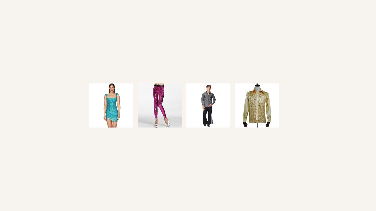Quatre inspirations disco actuelles : robe turquoise, pantalon rose à paillettes, ensemble noir et argent et chemise dorée Image
