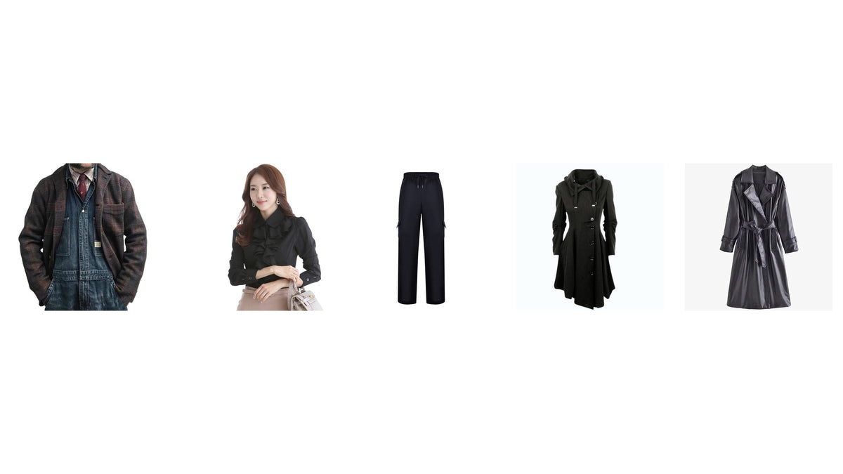 Silhouette féminine en manteau sombre et pantalon ample dans une composition éditoriale rétro