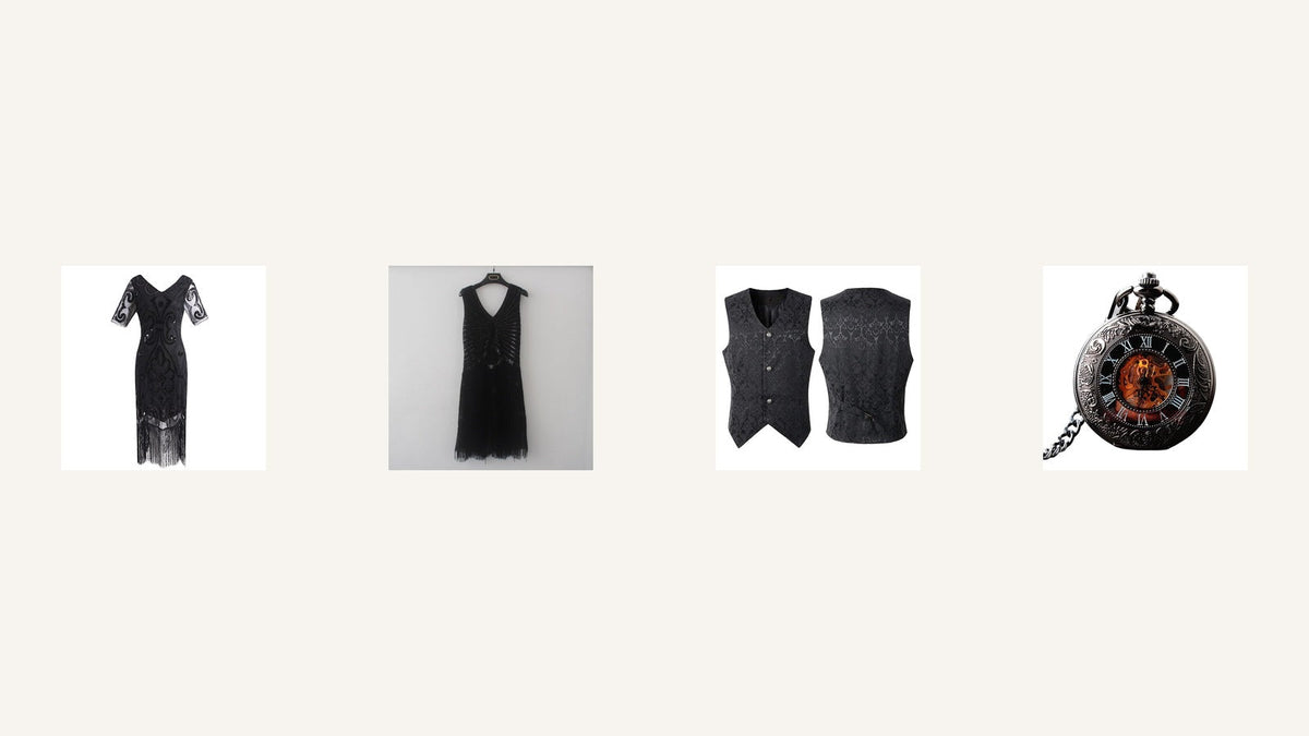 Tenues d’inspiration années 1920 : robe noire, robe à paillettes, gilet et montre à gousset Image