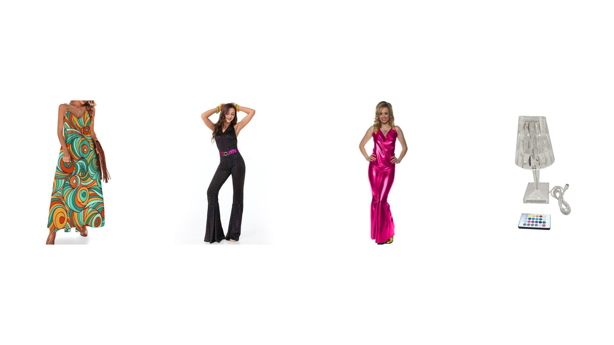 Quatre repères visuels du disco : robe longue colorée, combinaison noire évasée, ensemble rose brillant et lampe à facettes