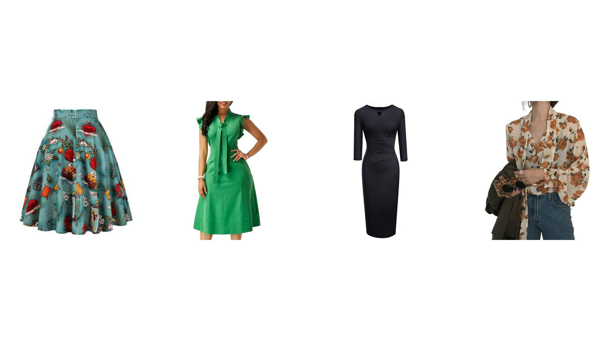 Tenue années 60 : jupe imprimée, robe verte, robe noire droite et chemise fleurie Image