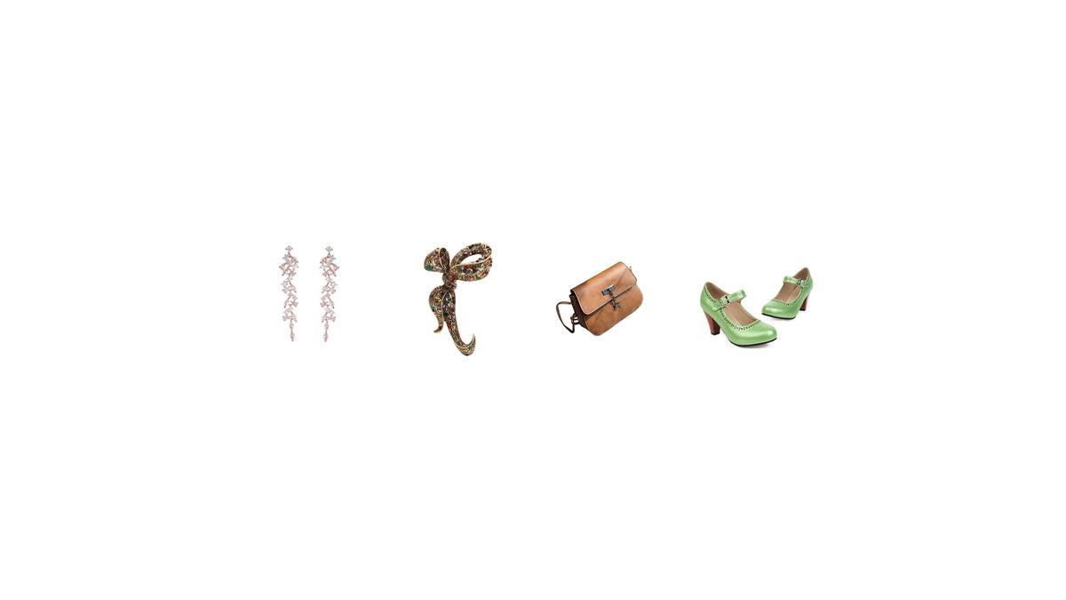 Accessoiriser une robe vintage avec des boucles pendantes, une broche ornée, un petit sac brun et des escarpins verts