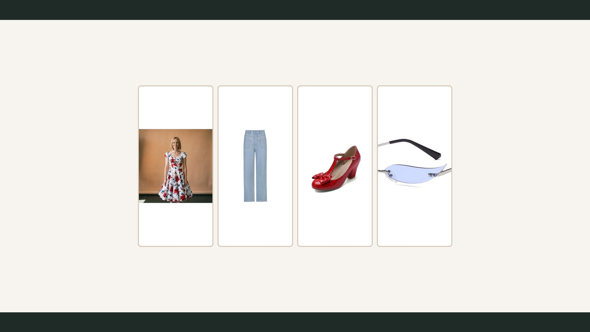 Comment moderniser un look classique : robe fleurie, jean droit, chaussure rouge et lunettes bleutées Image