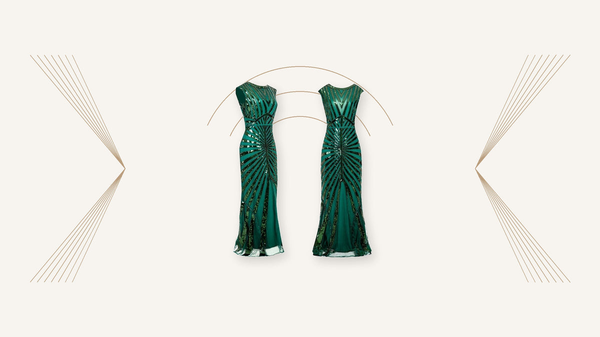 Robe longue verte d’inspiration années 1920, vue de face et de dos, sur un décor géométrique