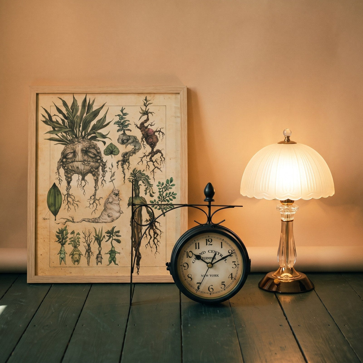 Affiche encadrée, horloge de gare et lampe à poser, décoration rétro Image