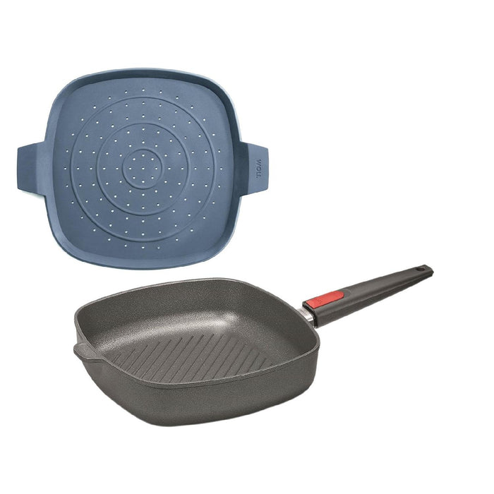 Woll, Guss-Steakpfanne mit Rillen, Induktion 28 x 28 cm Nowo Titanium + Silikon-Spritzschutz