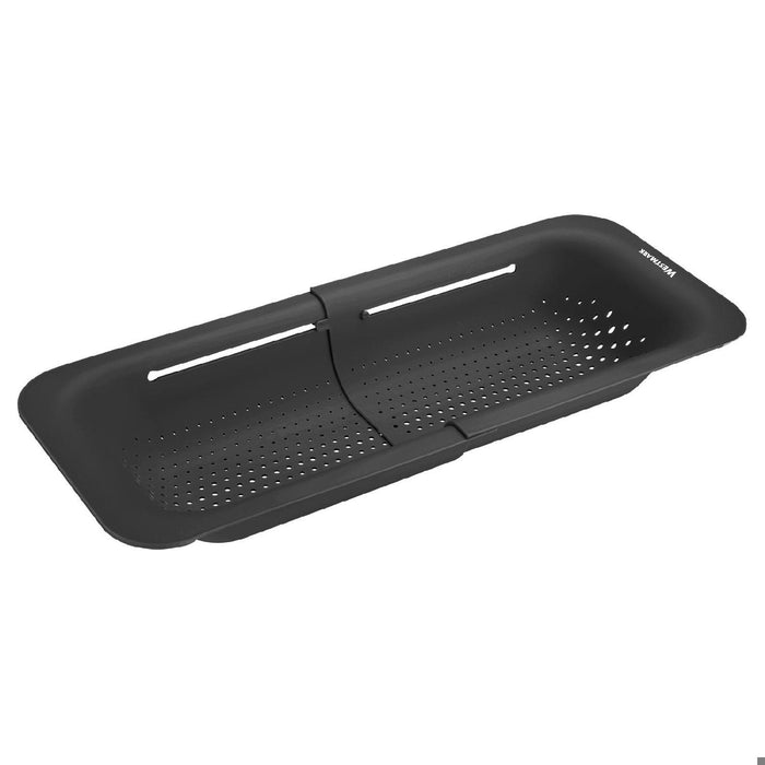 Westmark Abtropfsieb für Spülbecken  Ausziehbares Sieb zum Abtropfen von Obst, Gemüse & Geschirr  Praktische Abtropfschale  Schwarz, 36-49 cm