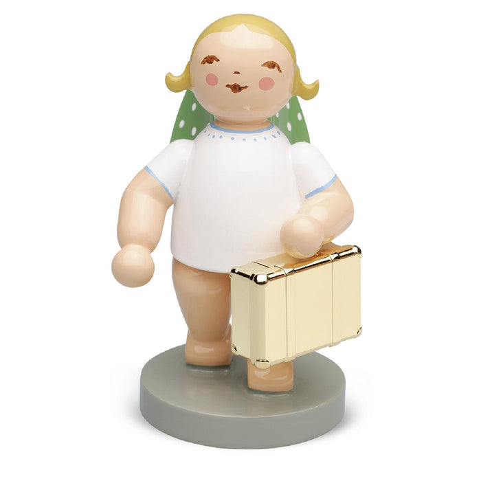 Wendt & Kühn Weltenbummler, Engel mit Koffer auf Metallsockel Goldedition No. 11 Blond