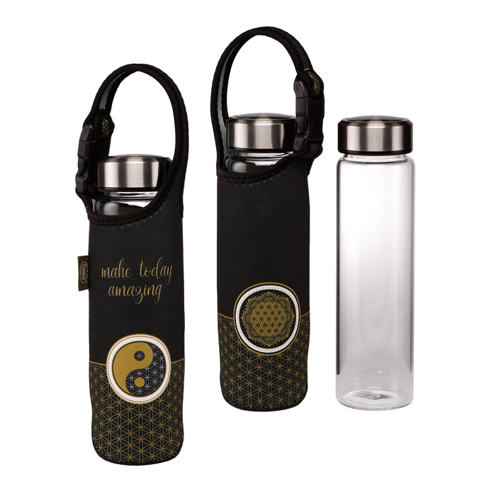 Goebel Lotus - Yin Yang schwarz Glasflasche mit Neoprenhülle