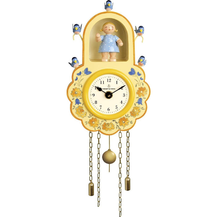 Wendt & Kühn Wanduhr, gelb, mit Mädchen und Vögeln