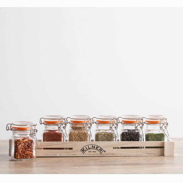 KILNER 6 Gewürzgläser im Holzkasten, Länge 33 cm