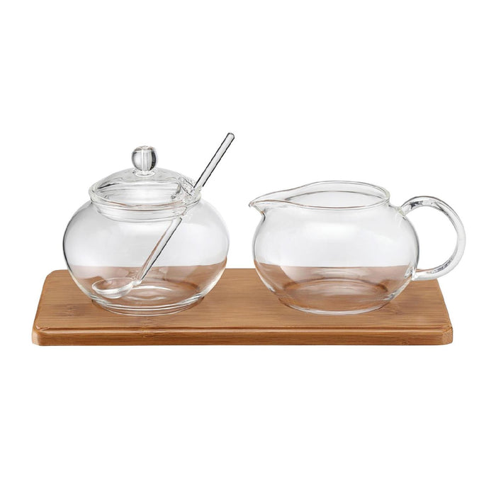 Weis Zucker-/Sahne Set aus Borosilikatglas mit Bambustablett